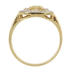 9ct gold peridot, pink sapphire and diamond cluster ring, Sheffield 2006 