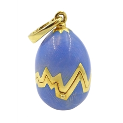 Victor Mayer for Faberge 18ct gold and blue guilloche enamel pendant, hinged lid revealing chick within, limited edition No.617/1000 reference No. F-1817 OB, stamped 750, boxed with certificate of authenticity 

[image code: 6mc]