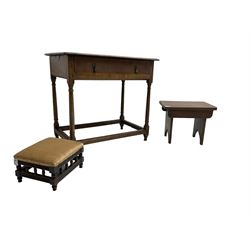 19th century oak side table, fitted with single drawer, raised on tapered supports united by stretchers (W77cm D47cm H71cm); and a 19th century oak stool, raised on arched send supports (W43cm H34cm); and a small footstool with spindle gallery