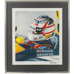 Three Formula 1 racing prints, including Nigel Mansell example signed by Nik Curry, Nigel Mansell 'Inside View' by Karen Johnson, and a Ray Goldsborough example, all framed, largest H38cm, W55cm