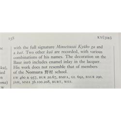 Minsetsusai Kyūho - Fine Japanese Meiji period gold lacquered four-case inro, of rounded rectangular form, the body with maki-e decoration depicting a peacock on a branch, the internal body with nashiji lacquer, artist's two character signature and kakihan to base, H6.5cm
Notes: For the artist, see see E. A. Wrangham, The Index of Inro Artists, Harehope, Northumberland, 1995, p. 158.
An inro would be an essential element of a gentleman's kimono, which typically lacked pockets. The stacked compartments could be used to hold medicine, which was particularly useful for Samurai warriors going into battle. 