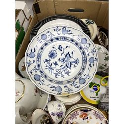 Collection of ceramics in four boxes to include two Meissen onion pattern blue and white plates, each with blue painted crossed swords mark to base,  Hornsea Fauna, West German plate etc