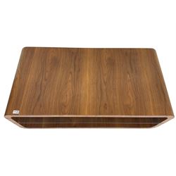 Contemporary walnut coffee table, curved rectangular form, fitted with central glass shelf