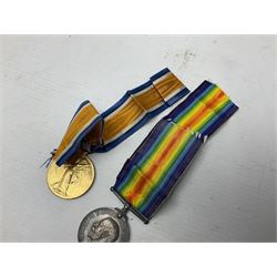 Pair of WWI medals, comprising British War medal and Victory medal, both with ribbons