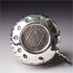 French silver tasse de vin with Minerva's head and makers mark J.P. with an anchor, the rim engraved C Mouly, Spanish tasse de vin inset with a silver coin and two other tasse de vin (4)