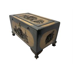Singapore camphor wood blanket chest, rectangular hinged top with carved panel depicting traditional pagoda and river scenes