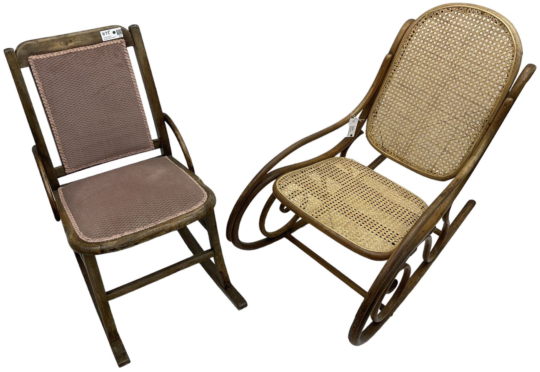 Early 20th century Michael Thonet design bentwood rocking chair, with cane seat and back (W52cm H82cm); Edwardian rocking chair with mauve upholstered back and seat (W43cm H70cm)