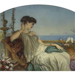 Augustus Jules Bouvier (British 1825-1881):Young Lady with Love Birds on a Mediterranean Balcony, watercolour signed and dated 1869, 39cm x 47cm