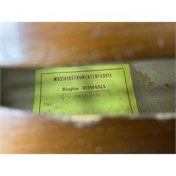 Modern Romanian student's three-quarter size cello with 70cm two-piece maple back and ribs and spruce top, bears label 'Musikinstrumentenfabrik Reghin Romania' L115cm overall