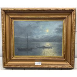English School (Late 19th century): Boats on a Tranquil Lake by Moonlight, oil on canvas indistinctly signed with initials PFD? and dated 1897, 22cm x 30cm