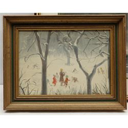 Ashley Jackson (Northern British 1940-): 'Rain on Flushouse Moor' and 'Lancaster Sands', pair prints signed in felt pen verso 32cm x 45cm; Figures in the Snow, 20th century oil unsigned 24cm x 35cm (3)