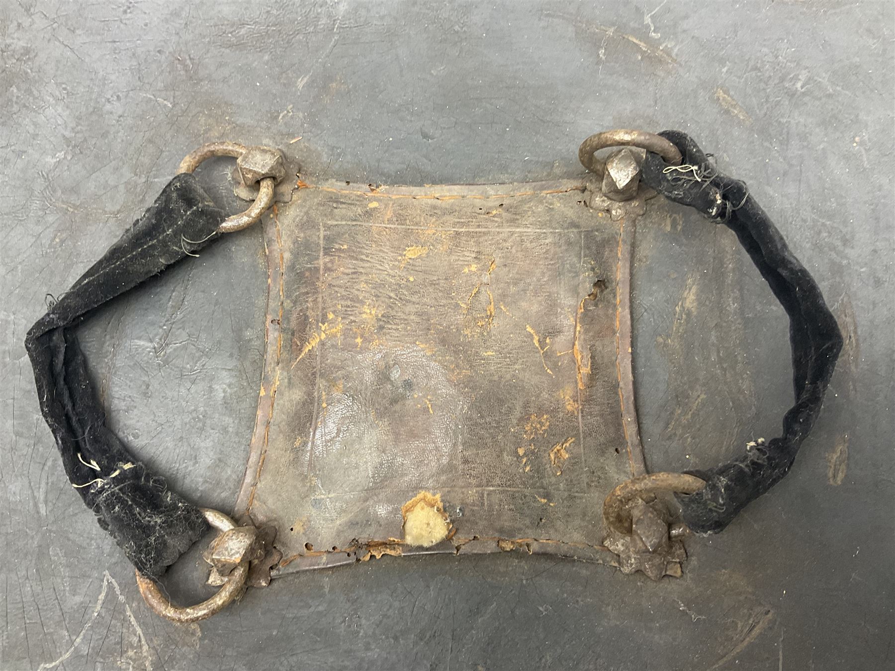 Indian black lacquered hide shield/dhal, of circular convex form fitted at its centre with four pierced iron bosses, each of hemispherical form with wide brims, the bosses corresponding on the inside with four iron rings for enarmes D53.5cm