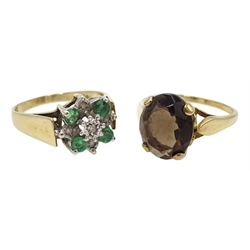  Gold emerald and diamond chip flower head cluster ring and a smoky quartz gold ring, both hallmarked 9ct  
