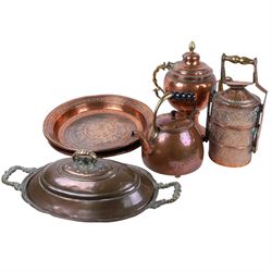 Collection of metalware including two metal chargers, three tier tiffin box etc