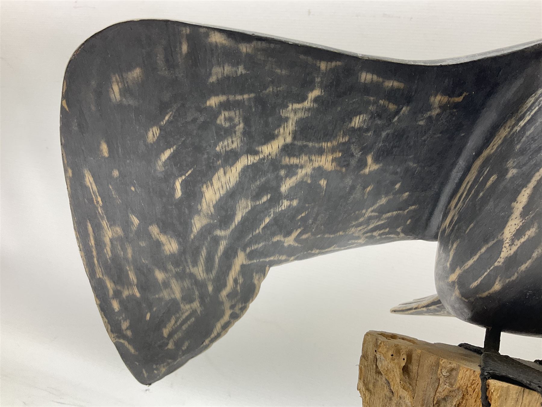 Wooden sculpture of Cormorant aquatic bird on a naturalistic wooden plinth, H46cm