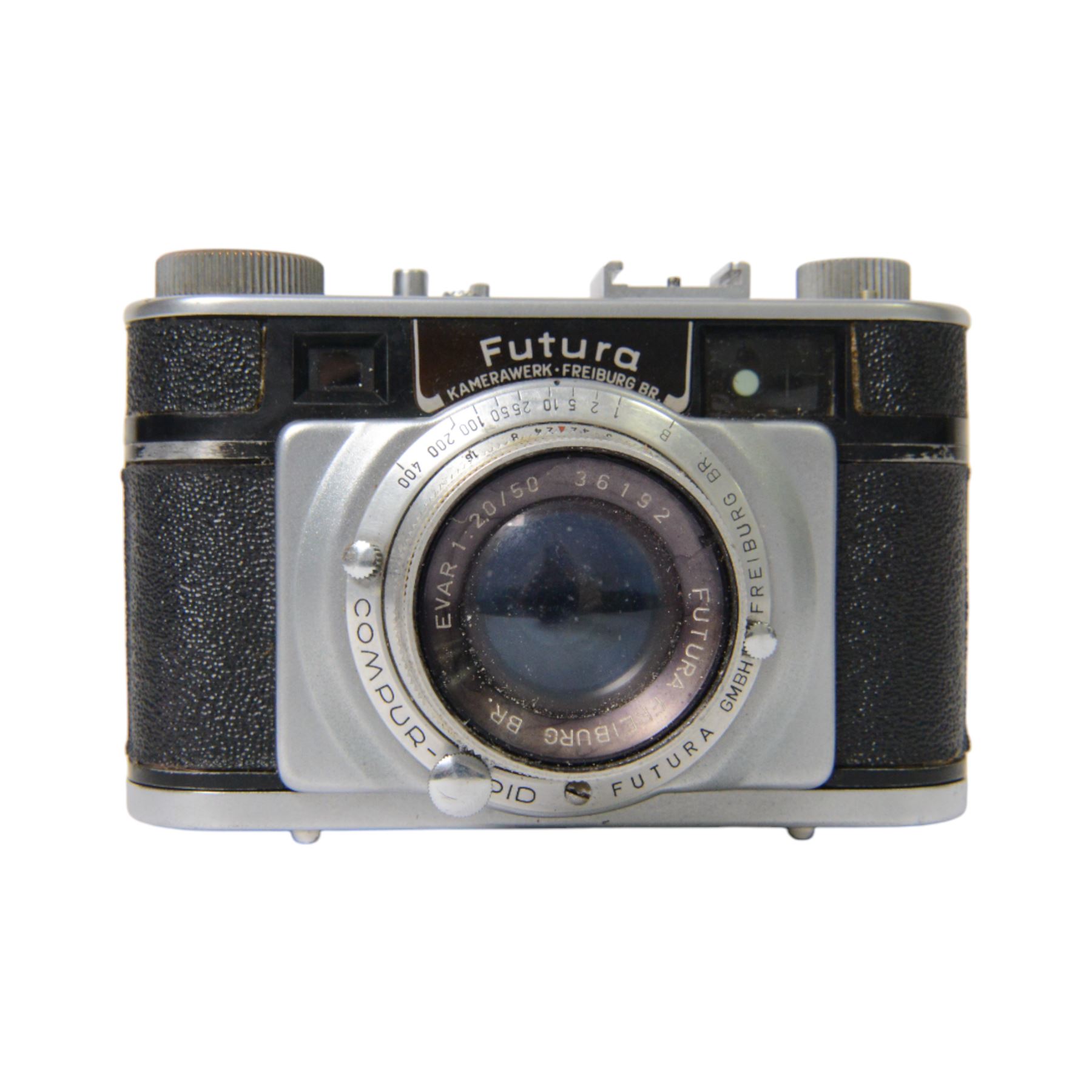 Futura Kamerawerk 35mm rangefinder camera, with Future Freiberg Evar 1:2.0/50 serial no. 36192, in brown leather carrycase