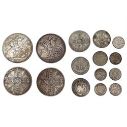 Queen Victoria 1889 and 1897 crown coins, 1888 (stamped JG to obverse) and 1890 double florins and a small number of pre 1947 Great British silver coins
