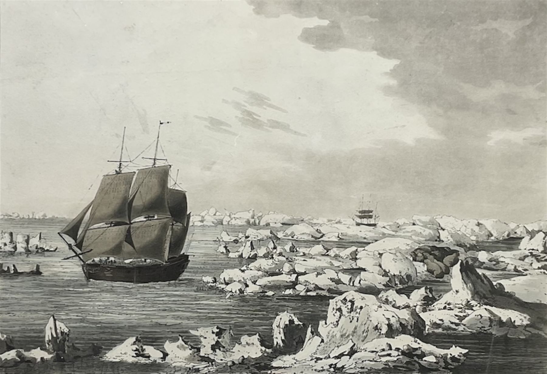 After John Webber (British 1752-1793): 'The Resolution beating through the Ice with the Discovery in the most eminent danger in the distance', page 257 from 'Captain Cook's Last Voyage vol III' engraving with hand colouring pub. 1809, 32cm x 44cm