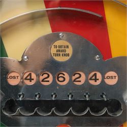 Bryans Elevenses penny slot arcade machine with wooden case and chrome fittings, working, H64cm W45cm