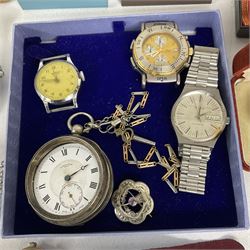 Collection of silver and costume jewellery including rings, brooches, earrings, necklaces, wristwatches including Avia and Sekonda and a hallmarked silver pocket watch 