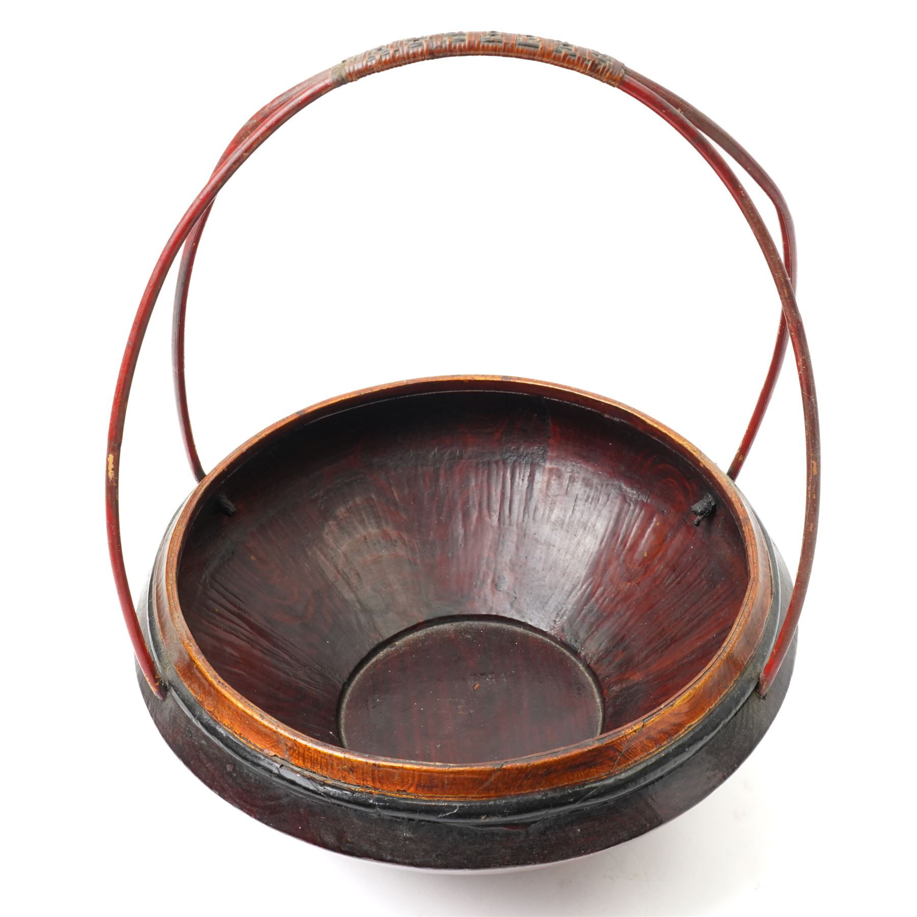 Early 20th century Chinese red lacquered marriage basket, the exterior with character and fruit motifs, H43cm; together with a red painted dowry basket, on shaped circular foot, H19cm x D35cm (2)