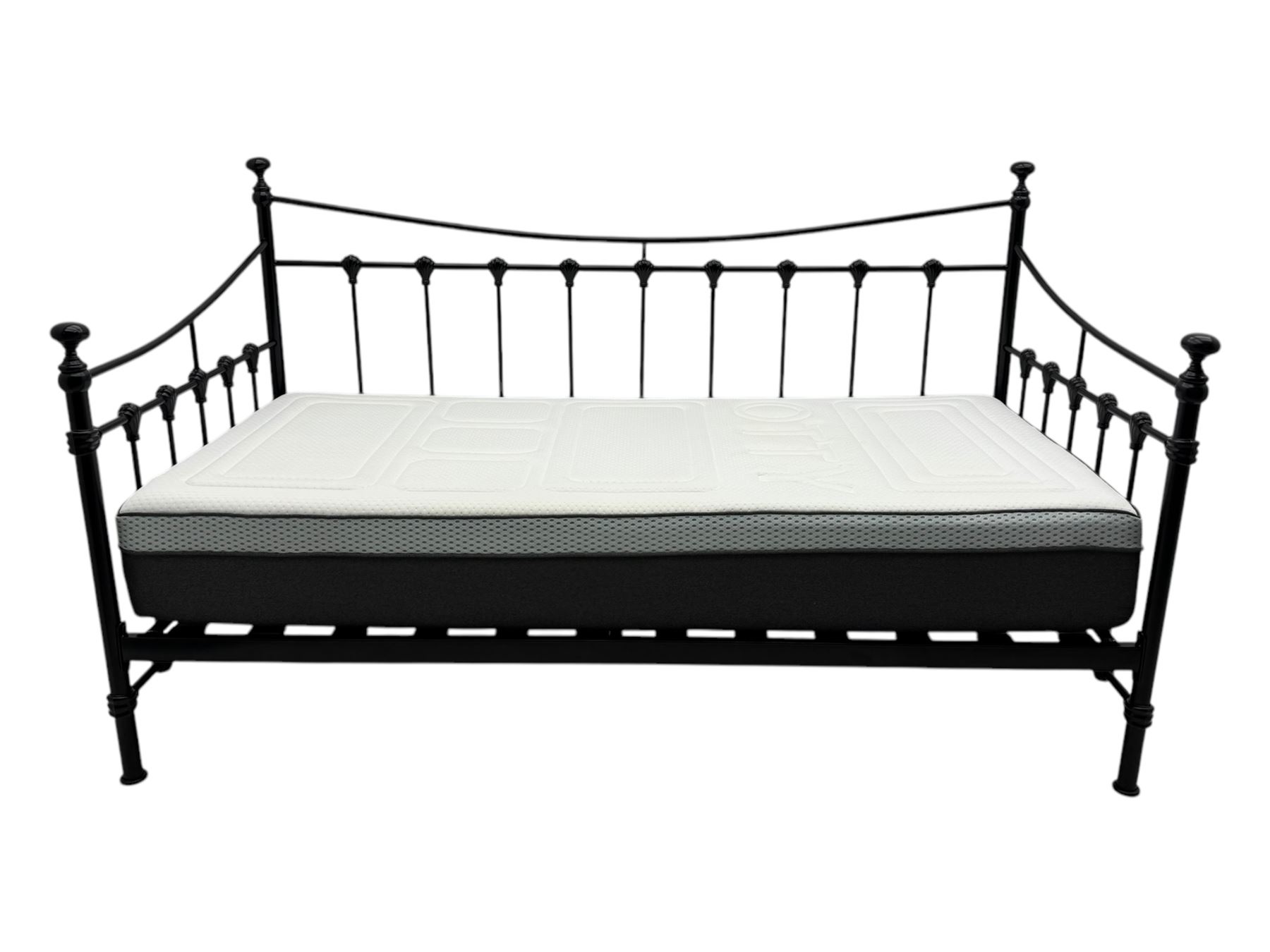 Contemporary Victorian revival black metal day bed, featuring arched back and sides with turned finials and spindle rails, complete with single 'OTTO' mattress