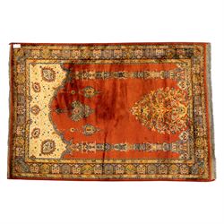 Persian Kashan prayer rug, rust red field with mihrab arch design, suspended floral hangin...