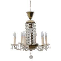 Early 20th century Continental glass and brass six branch chandelier, the central baluster...