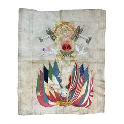 WW1 needlework sampler, entitled 'Souvenir of The Great War, 1919', with embroidered planes and allied flags surrounded a winged angel figure, L88cm