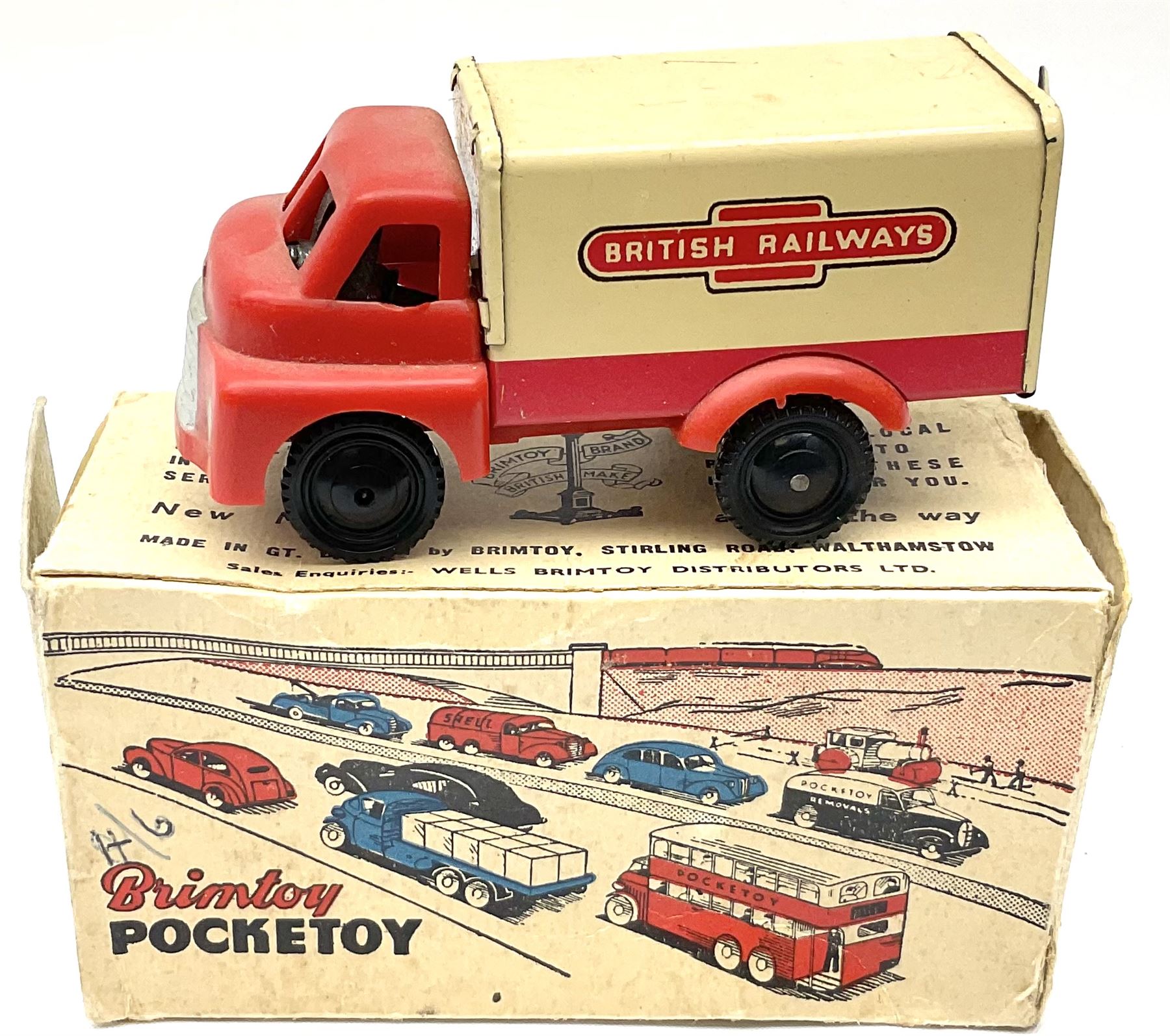 Wells Brimtoy/Pocketoy - eight tin-plate/clockwork or friction-drive vehicles comprising London Trolley Bus, two Double Decker buses, Tour Coach, Greenline Coach, open truck, boxed British railways van and Steam Roller; seven unboxed; and Pocketoy die-cast clockwork saloon car  (9)