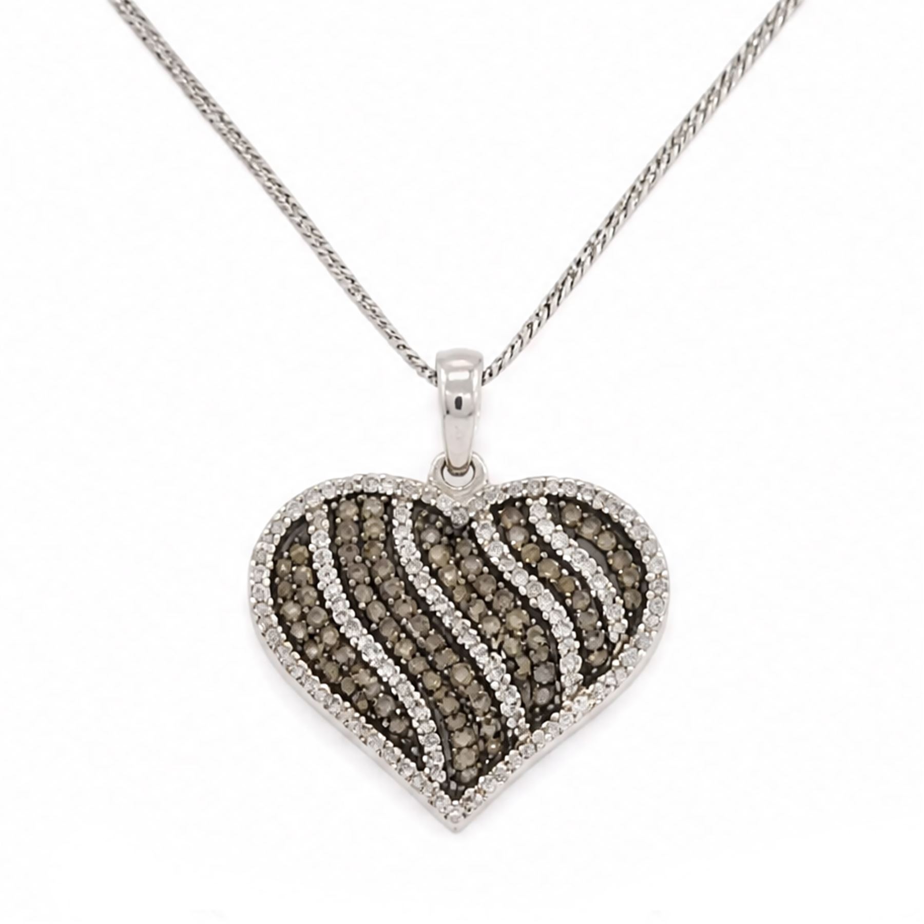 9ct white gold diamond heart pendant necklace, set with rows of round cut fancy light brown and white diamonds, hallmarked, total light brown diamond weight approx 0.75 carat, total white diamond weight approx 0.75 carat