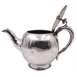 Small Victorian silver bullet shaped teapot, with ivory insulators to curved handle, and beaded edge to finial and short circular foot, hallmarked John Harrison & Co, Sheffield 1878, H11cm, approximate weight 8.91 ozt (277.2 grams)

This item has been registered for sale under Section 10 of the APHA Ivory Act 