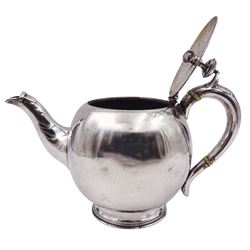 Small Victorian silver bullet shaped teapot, with ivory insulators to curved handle, and beaded edge to finial and short circular foot, hallmarked John Harrison & Co, Sheffield 1878, H11cm, approximate weight 8.91 ozt (277.2 grams)

This item has been registered for sale under Section 10 of the APHA Ivory Act 