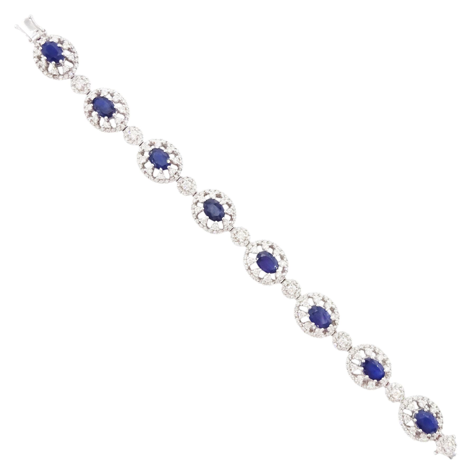 18ct white gold oval cut sapphire and round brilliant cut diamond bracelet, stamped 750, total sapphire weight approx 8.00 carat, total diamond weight approx 3.65 carat