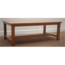  Light oak rectangular coffee table, square chamfered legs joined by stetchers, 125cm x 70cm, H46cm  