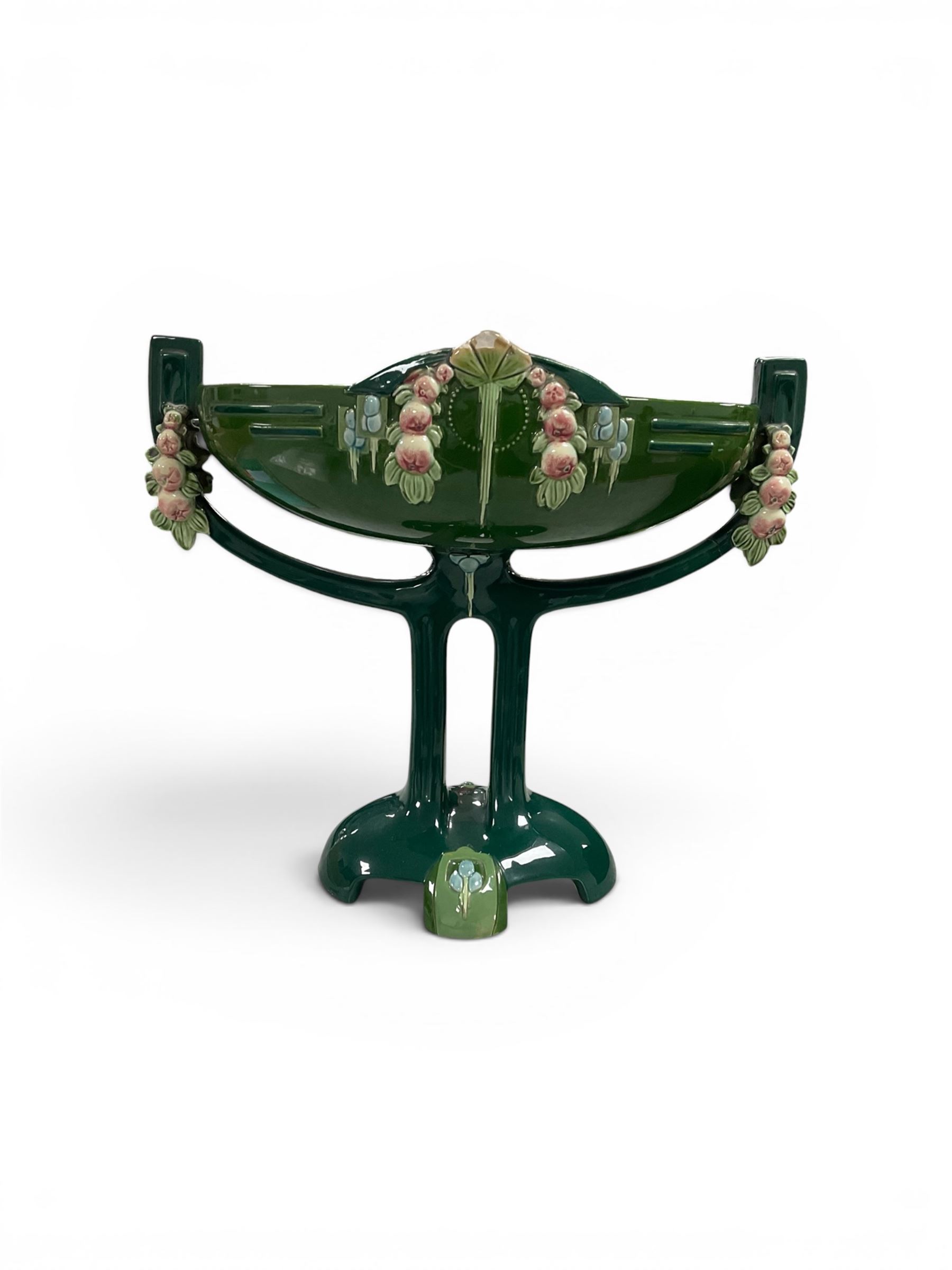 Art Nouveau secessionist majolica centerpiece together with other nouveau and majolica ceramics 