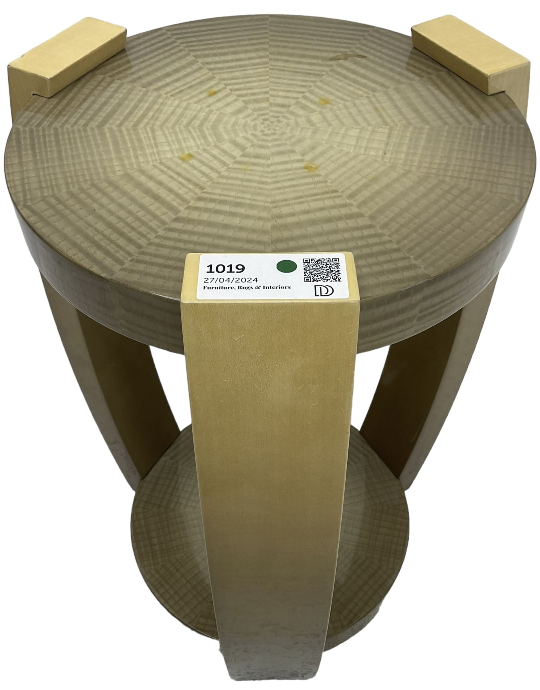 Sally Sirkin Lewis for J Robert Scott - 21st century 'Harlow' two-tier occasional table, circular sunburst veneer top on ombre curved supports, signed with initials 'SSL' and dated 2/11 in pen to base