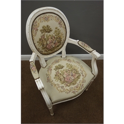  French style ivory finish armchair with cameo back, upholstered in tapestry fabric  