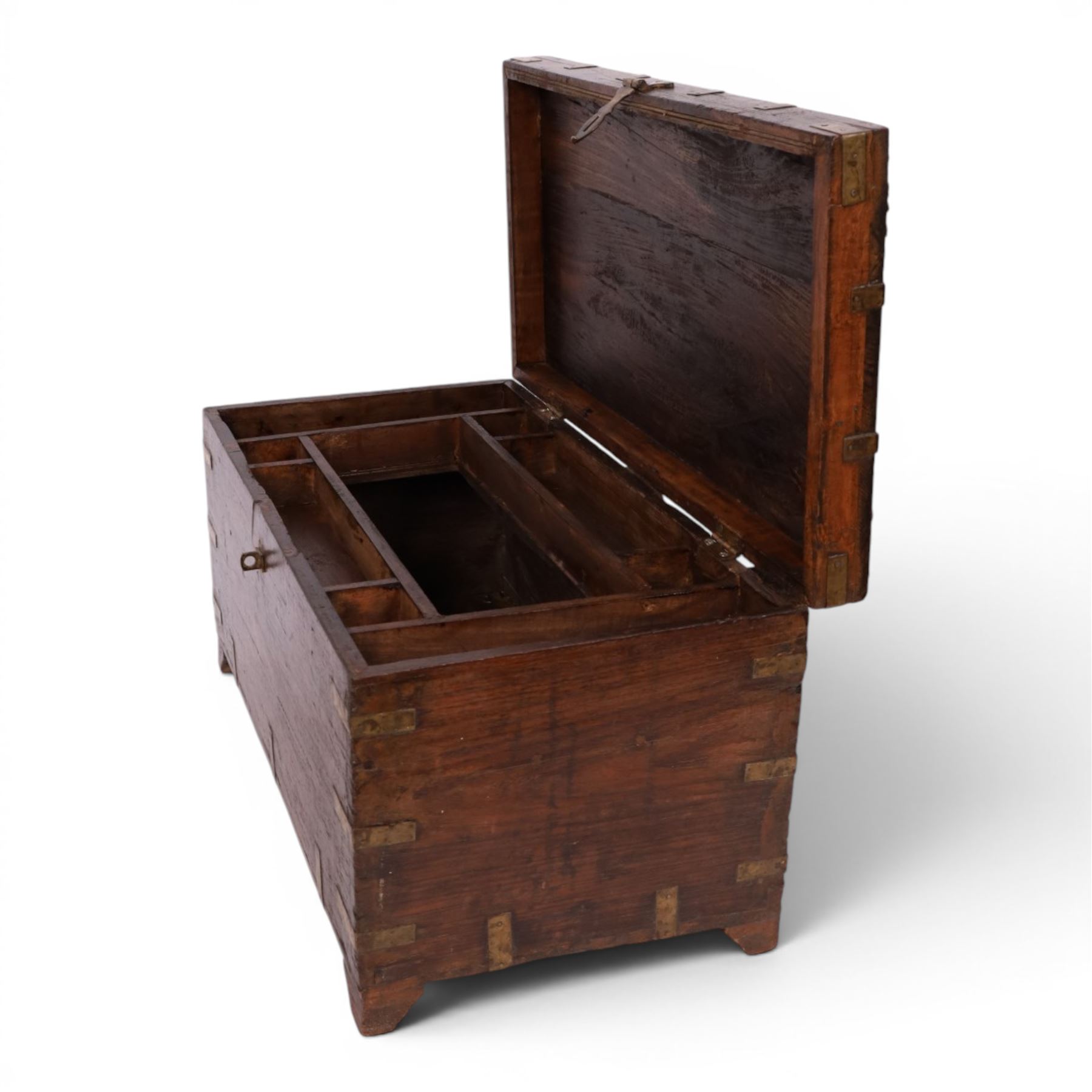 Anglo Indian brass bound chest, the hinged lid with central brass star and floral motifs to the corners, opening to reveal a fitted tray, H30cm, D30cm  