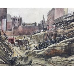 Joseph Ridley Ratcliffe McCulloch RBA (British 1893-1961): Permanent Site of the Building Society - Leeds, watercolour signed 25cm x 32cm 
Notes: McCulloch draughtsman, watercolourist, printmaker and teacher born and educated in Leeds at Brudenell School Hyde Park, gained a diploma at the Royal College of Art in 1912. Taught at Ipswich School of Art and life drawing at Goldsmiths' College of Art 1941-1950. Unfortunately came to a sad end, reportedly selling papers and matches on the London streets