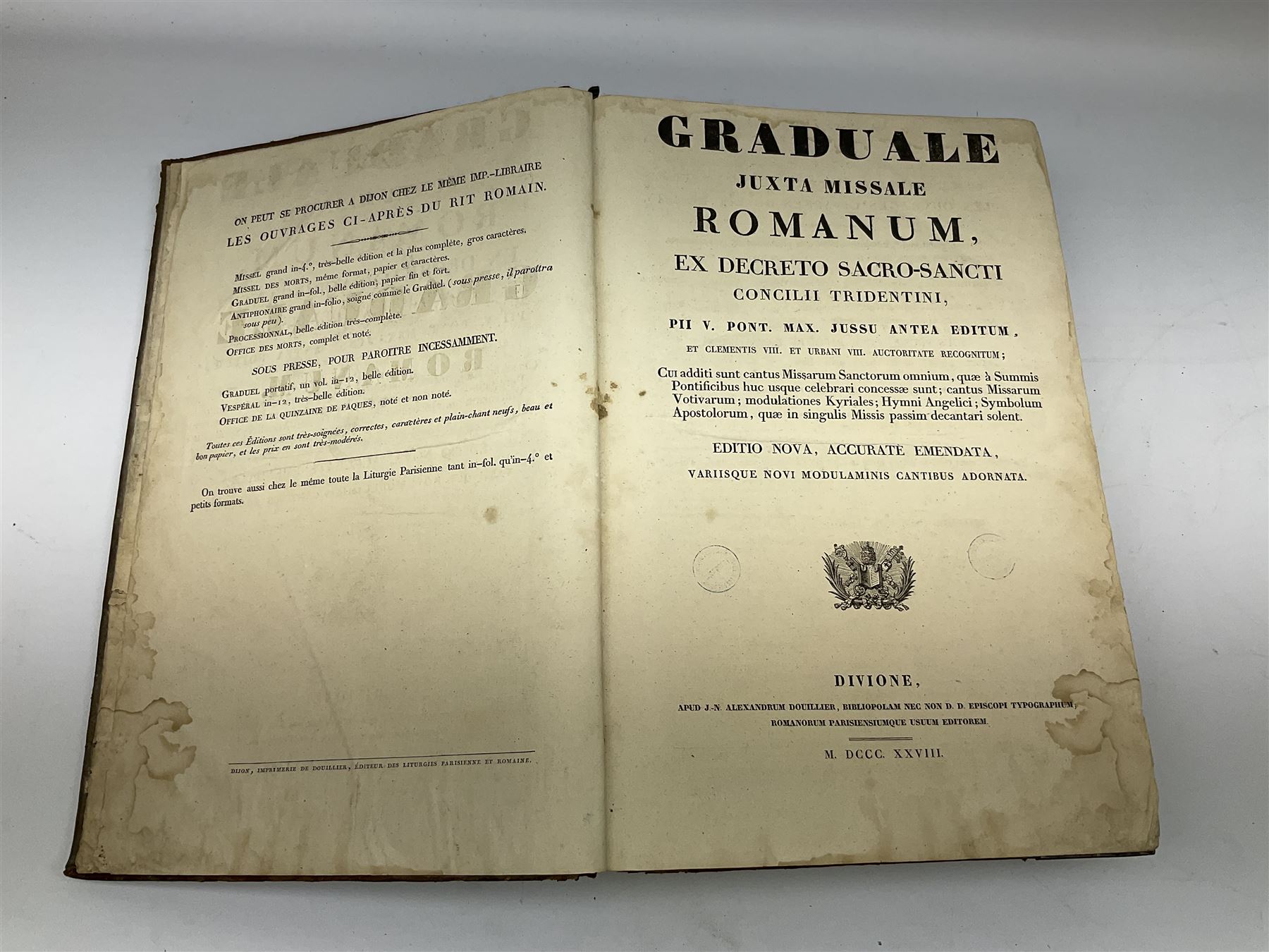 Six 19th century leather bound books of music comprising Graduale Juxta Missale Romanum and Antiphonarium Romanum. Both 1828 Divione; Graduel Romain and Psautier Romain. Both 1859 Digne/Paris; Graduel Romain. 1872 Marseille; and Missale Romanum. 1853 Mechliniae (6)