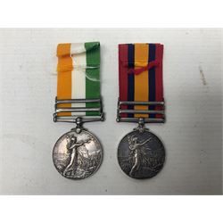 Boer War pair of medals comprising Queens South Africa Medal with two clasps for Paardeberg and Relief of Kimberley and Kings South Africa Medal with two clasps for South Africa 1901 & 1902, awarded to 9752 Dvr. T. Finan A.S.C. with ribbons (2)