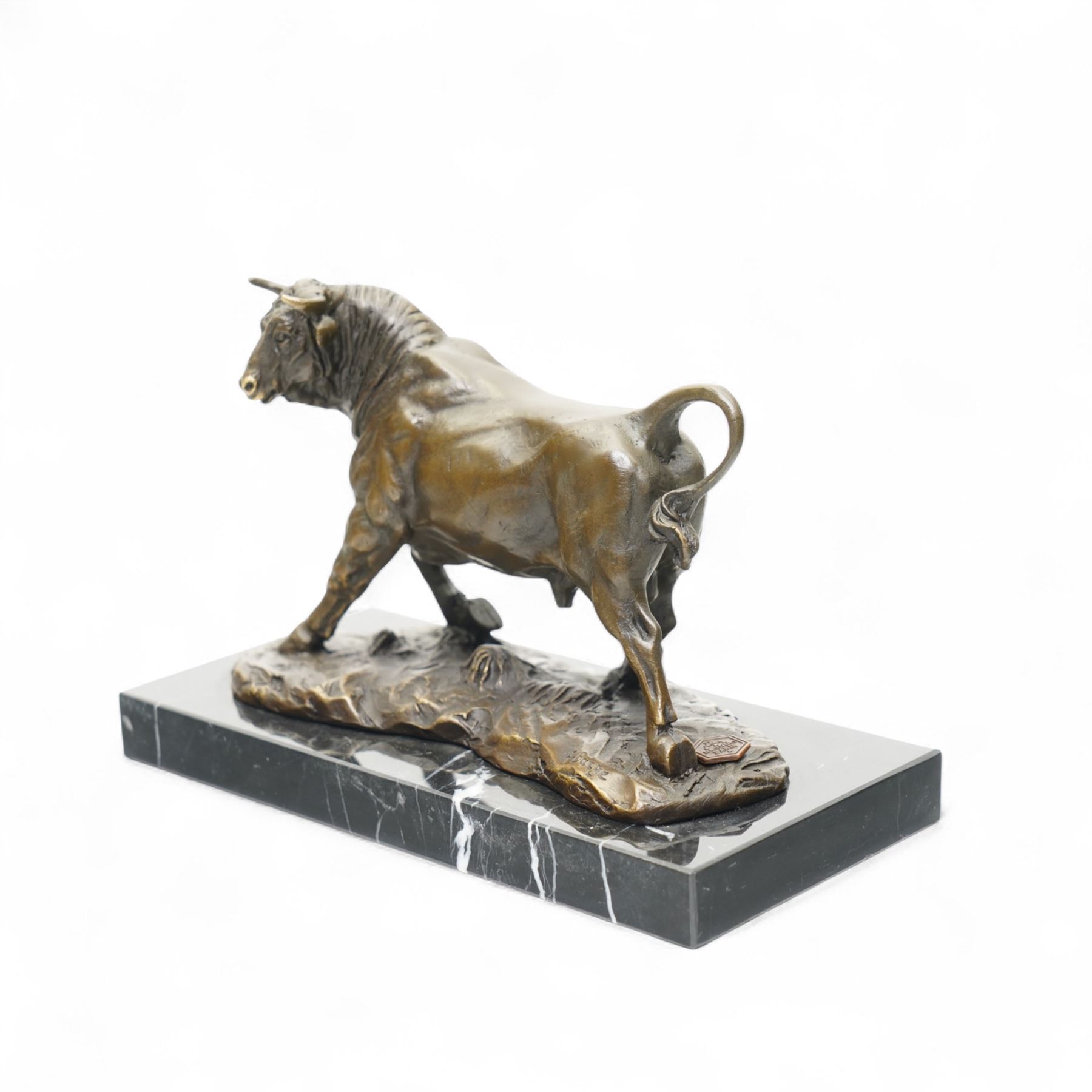 After Antoine Louis Barye - bronze figure of a charging Bull, H13cm 