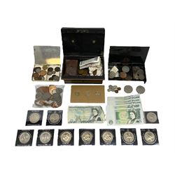 Great British coins and banknotes, including George IV 1826 shilling, Queen Victoria 1887 shilling, 1899 sixpence, Queen Elizabeth II 1967 pennies and other pre-decimal coinage, commemorative crowns, Bank of England one pound notes etc, housed in a small cash tin and loose