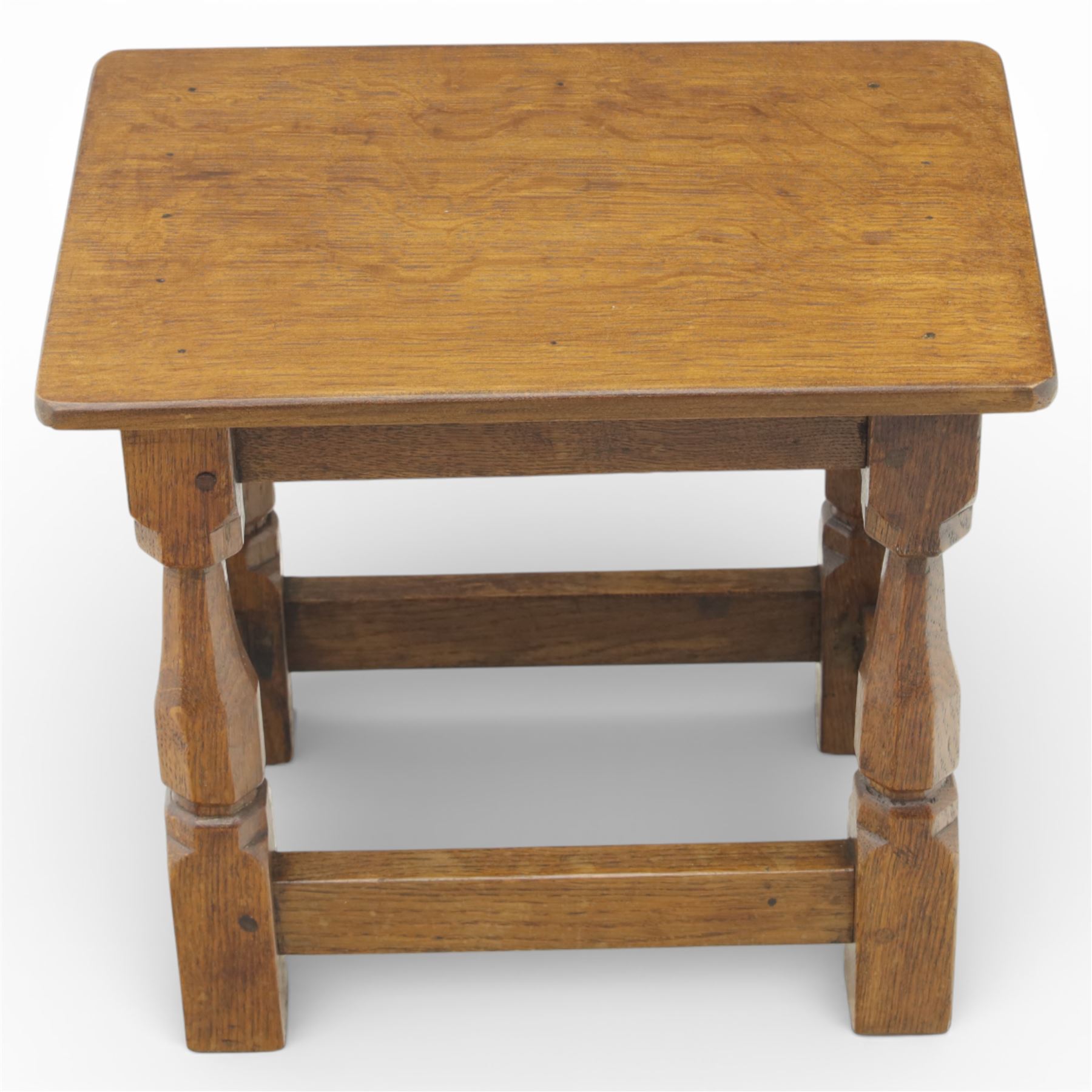 Sid Pollard of Thirsk - oak joint stool, the rectangular top with rounded corners over turned block supports united by stretchers 