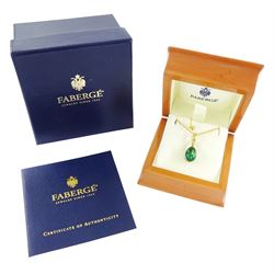 Fabergé 18ct gold enamel egg pendant, Ref. F-1310, green guilloche enamel egg, with hinged bail, designed by Victor Mayer for Fabergé, on 18ct gold wheat chain necklace, boxed with papers