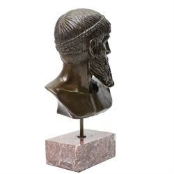 After the antique – a bronze bust modelled on the Artemision Bronze depicting the Greek god Zeus, the bearded head with intense gaze and idealised Classical features, raised on a marble plinth
Notes: the original is now held at the Archaeological Museum of Athens after being recovered from the sea off Cape Artemision, H49cm