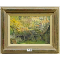 David Jan Curtis (British 1948-): 'Winter Sun Stone Mill', oil on board signed, titled verso 24cm x 34cm
Provenance: purchased by the vendor from the Richard Hagen Gallery Broadway, label verso 

