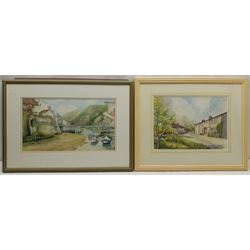 Don Micklethwaite (British 1936-): 'Omaha Beach Normandy', watercolour signed, titled and dated 2003 verso; David Kirby (British Contemporary): 'The Landing at Robin Hood's Bay', oil on board signed, titled and dated 2004 verso; Percy Hope (British 20th century): 'Staithes Beck', watercolour signed '99; Pauline Latham (British 20th century): Cottages on Hall Garth Lane West Ayton, watercolour signed, max 24cm x 43cm (4)