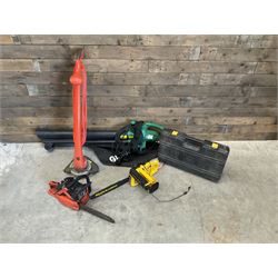 Workx electric lawnmower with two batteries, charger and dock, Garden Gear telescopic chainsaw, McCulloch chainsaw, another chainsaw, Flymo strimmer, GardenLine vac and a JCB drill